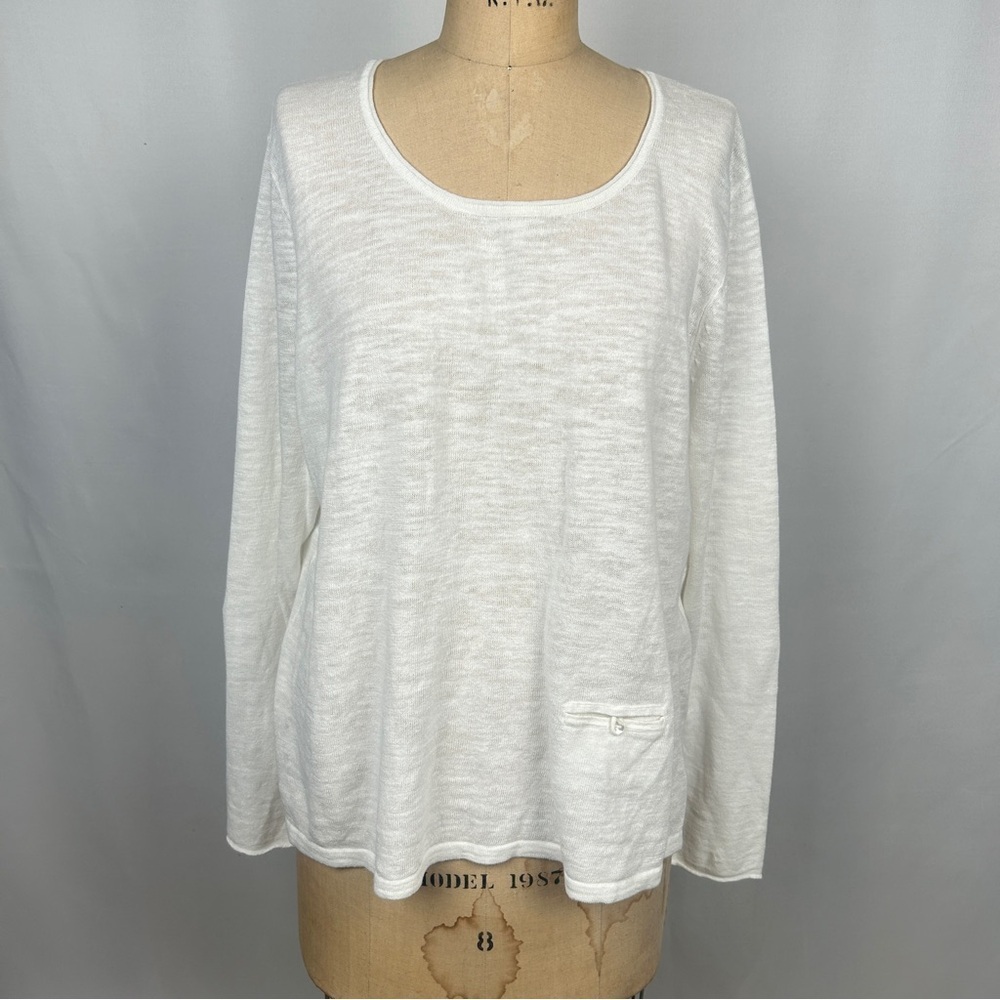 NEW J. Jill Linen Off White Ivory Round Crewneck Boxy Long Sleeve Top Size Large